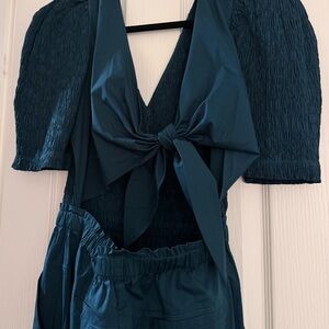 Sea New York Teal Smocked Jumpsuit with Bow Accent